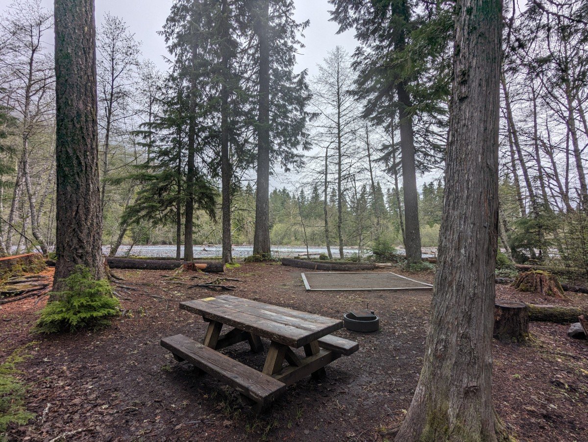 picnic table and campsite in trees